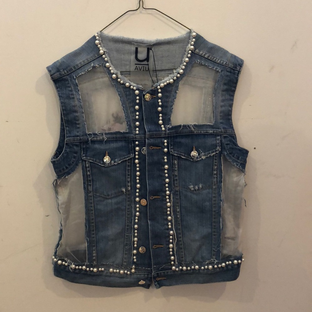 Aviu sheer panel denim vest with beetle appliqué.
